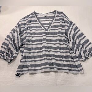 COURT & ROWE Blue and White Striped V-Neck Cotton Blouse3/4 Puff Sleeve 
Size 3X